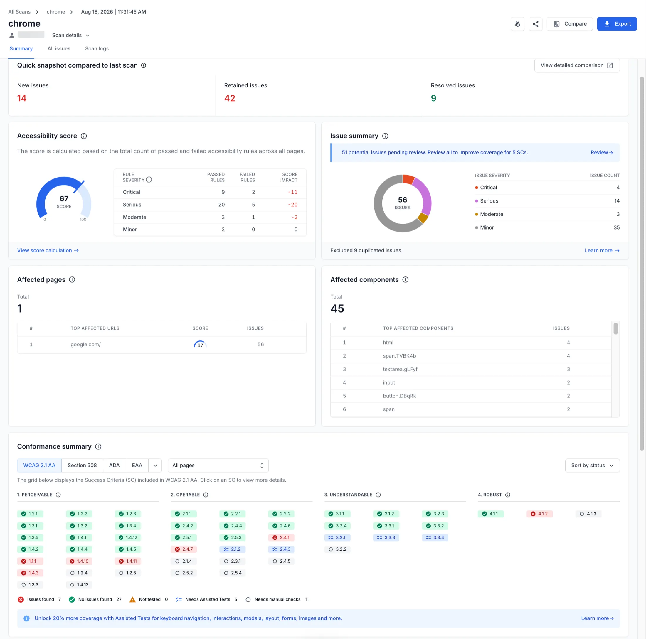 Summary tab of a scan report showing the quick snapshot, accessibility score, issue summary by severity, and affected pages and components