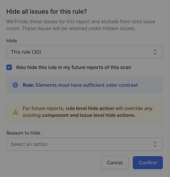 A checkbox to also hide this rule in future reports of this scan