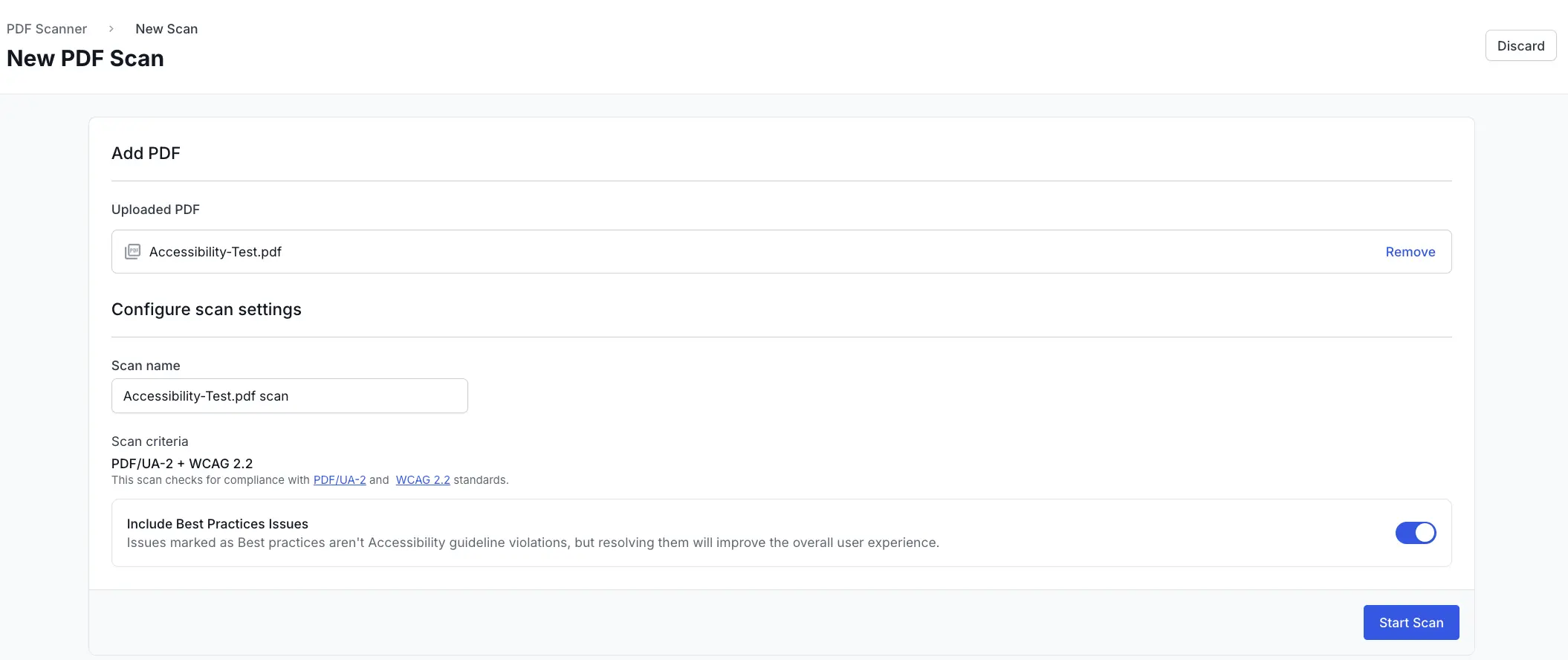 The settings page of the BrowserStack PDF scanner.