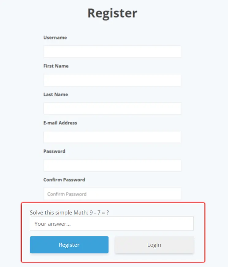 A register page with a captcha to solve 9 - 7