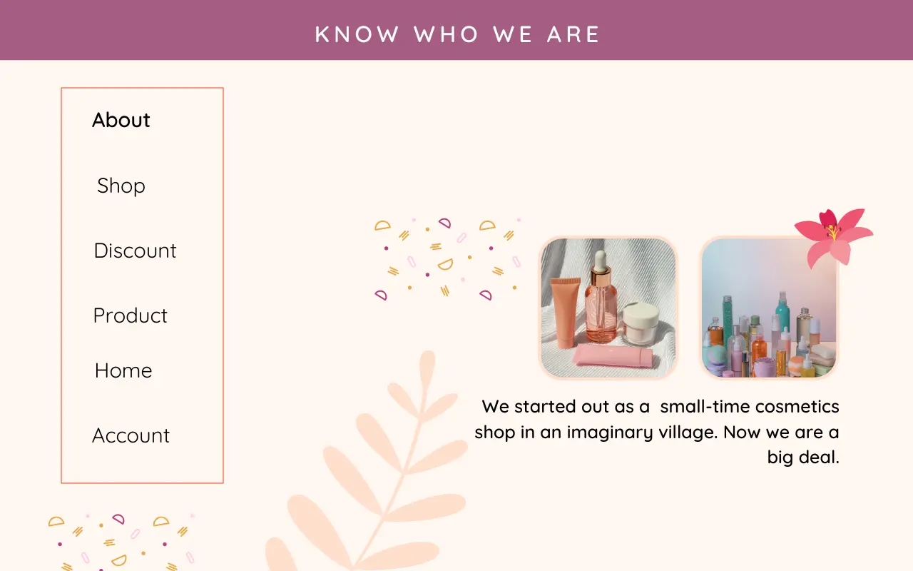 A beauty product website's About page with menu on the left-hand side of the page