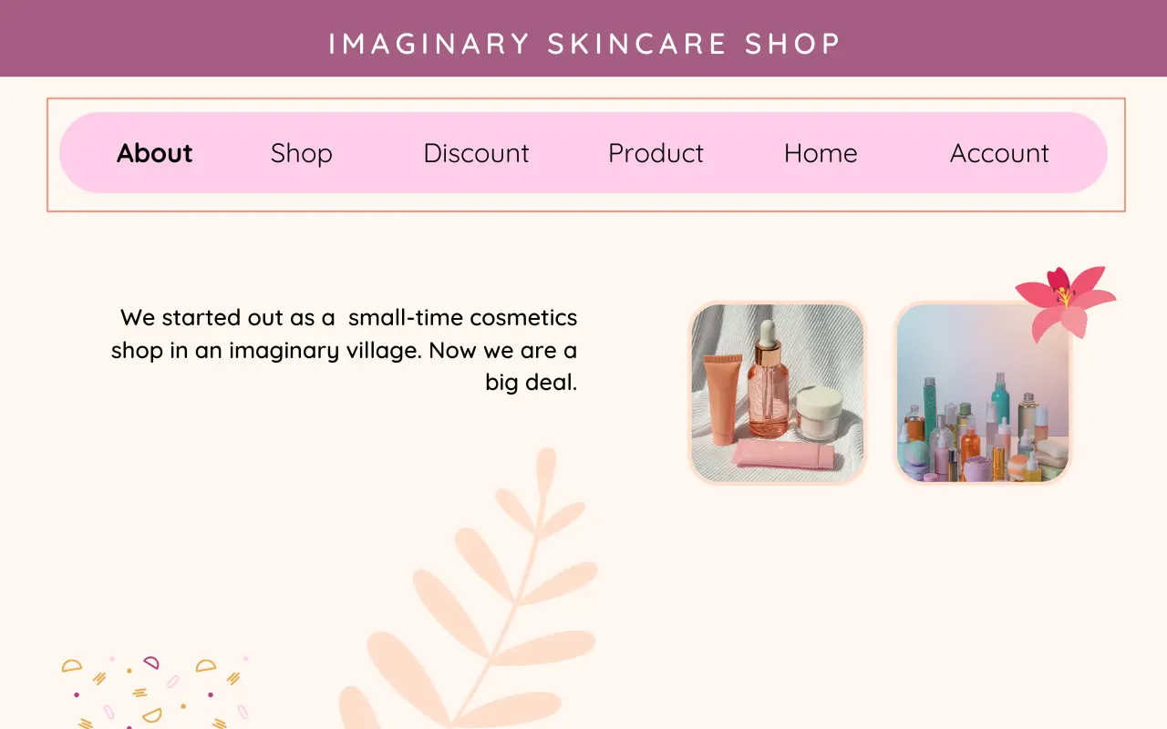 A beauty product website's About page with menu on the left-hand side of the page