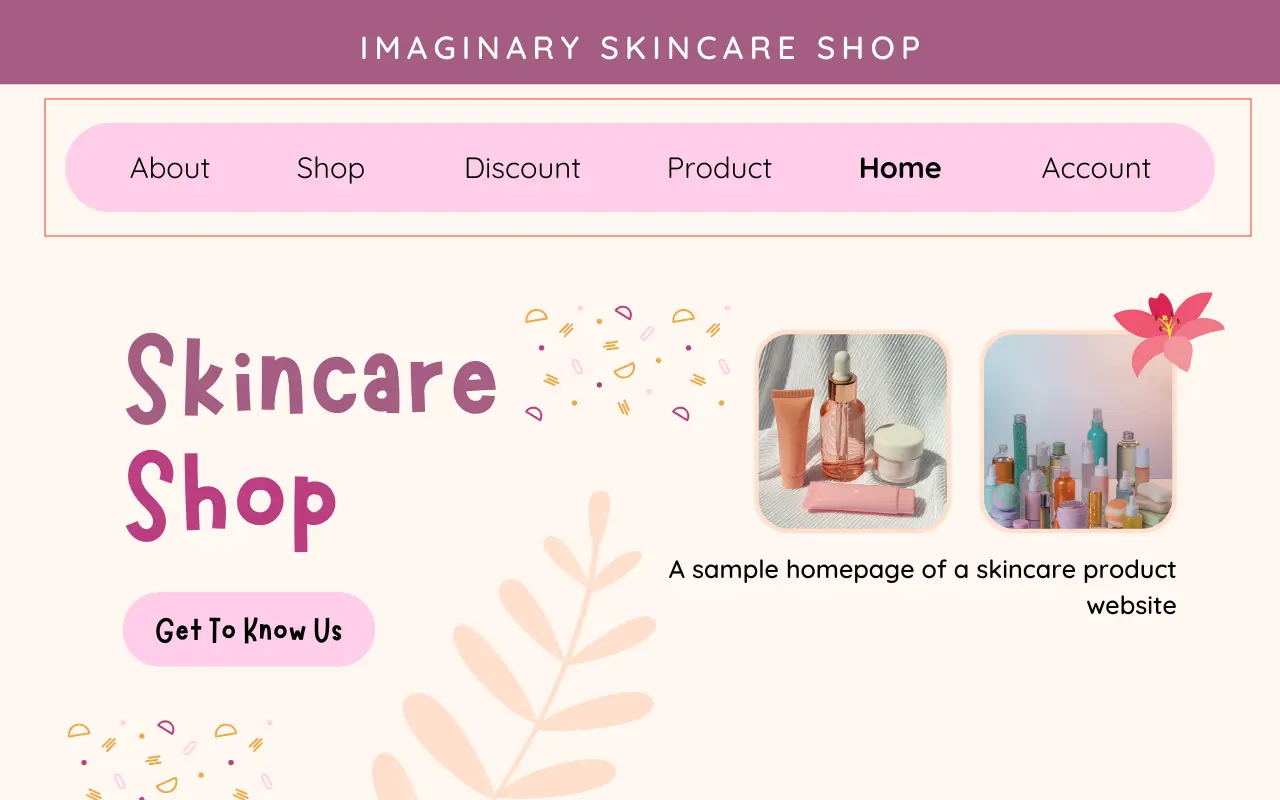 A beauty product website's homepage with menu at the top of the page