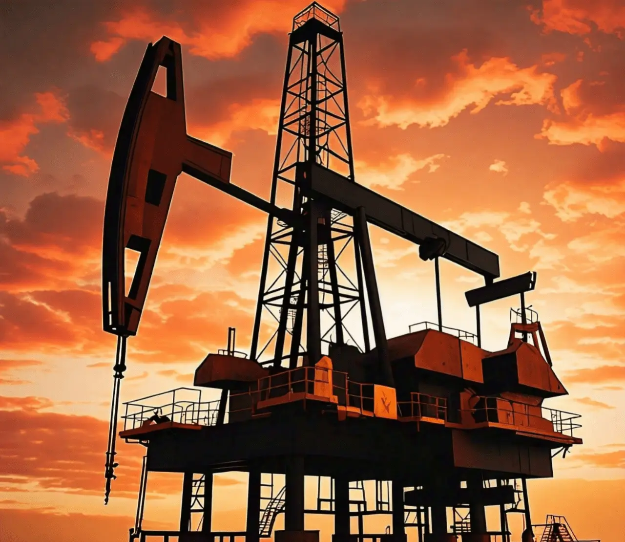 Oil rig silhouette in the foreground against a cloudy, orange sunset