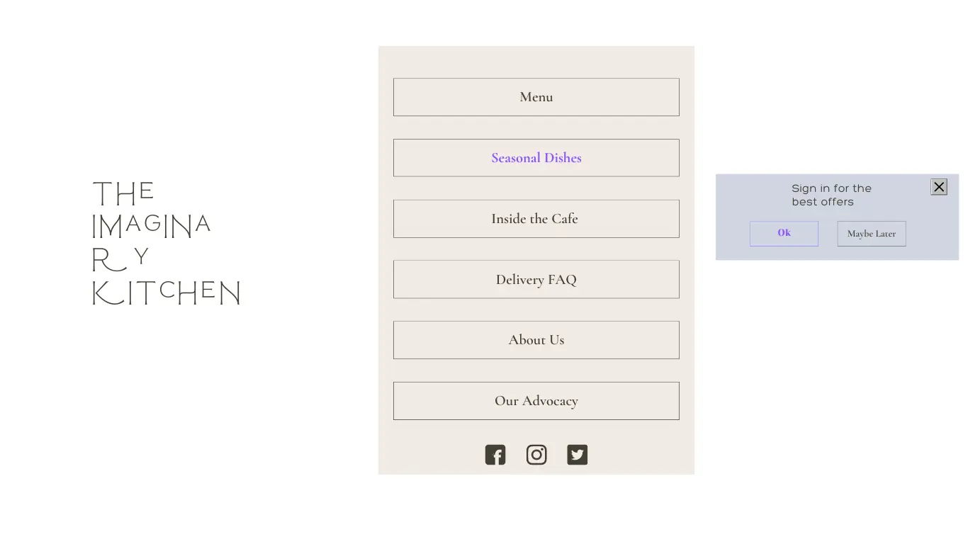 A restaurant website with many menu options and a modal