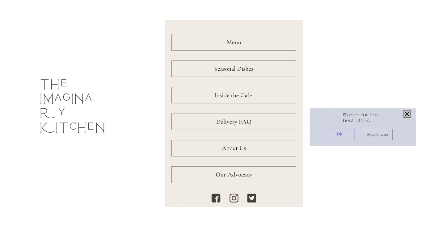 A restaurant website with many menu options and a modal