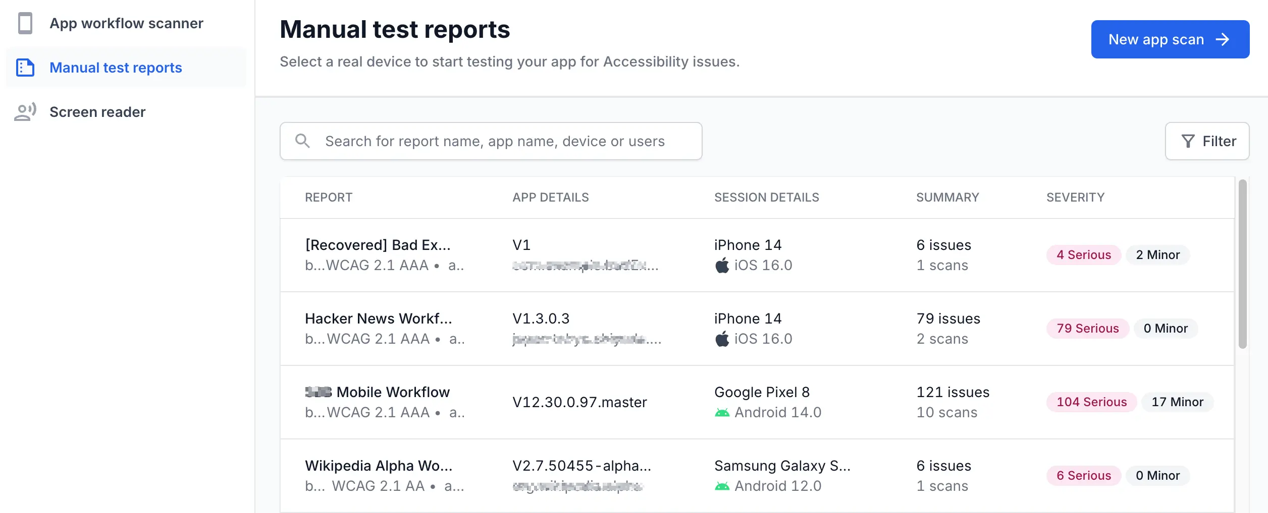 Manual app accessibility report dashboard