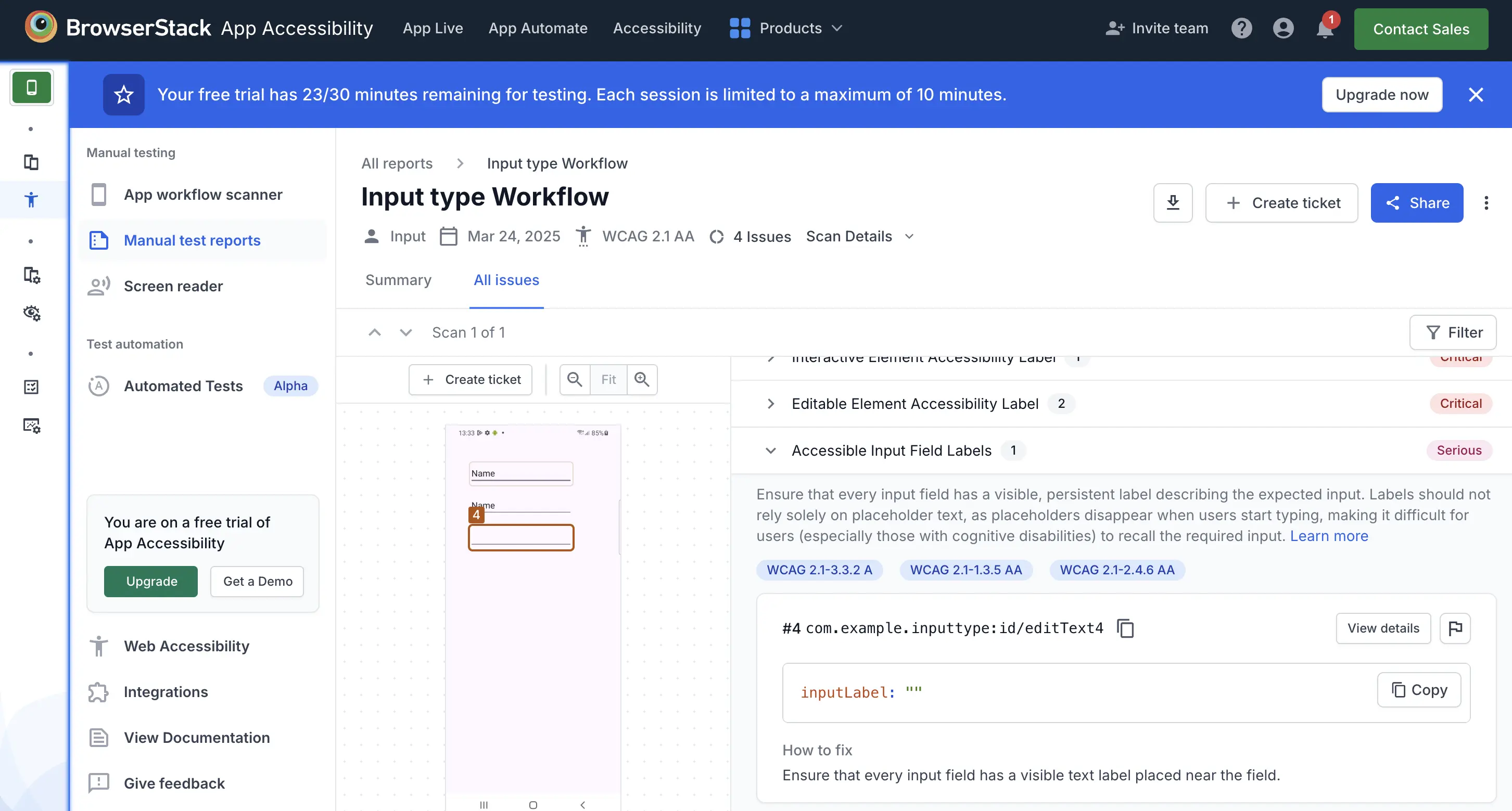 BrowserStack report showing an accessible input field labels violation.
