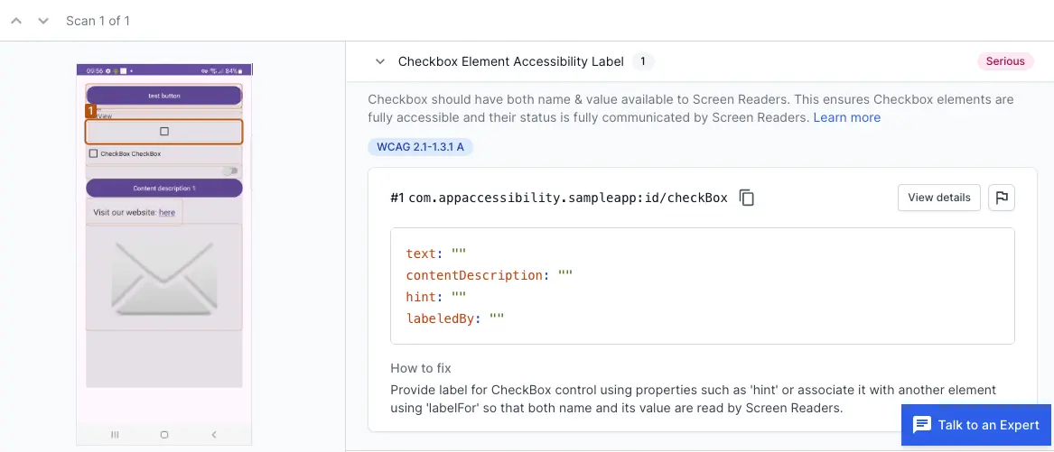 Checkbox Element Accessibility Label violation