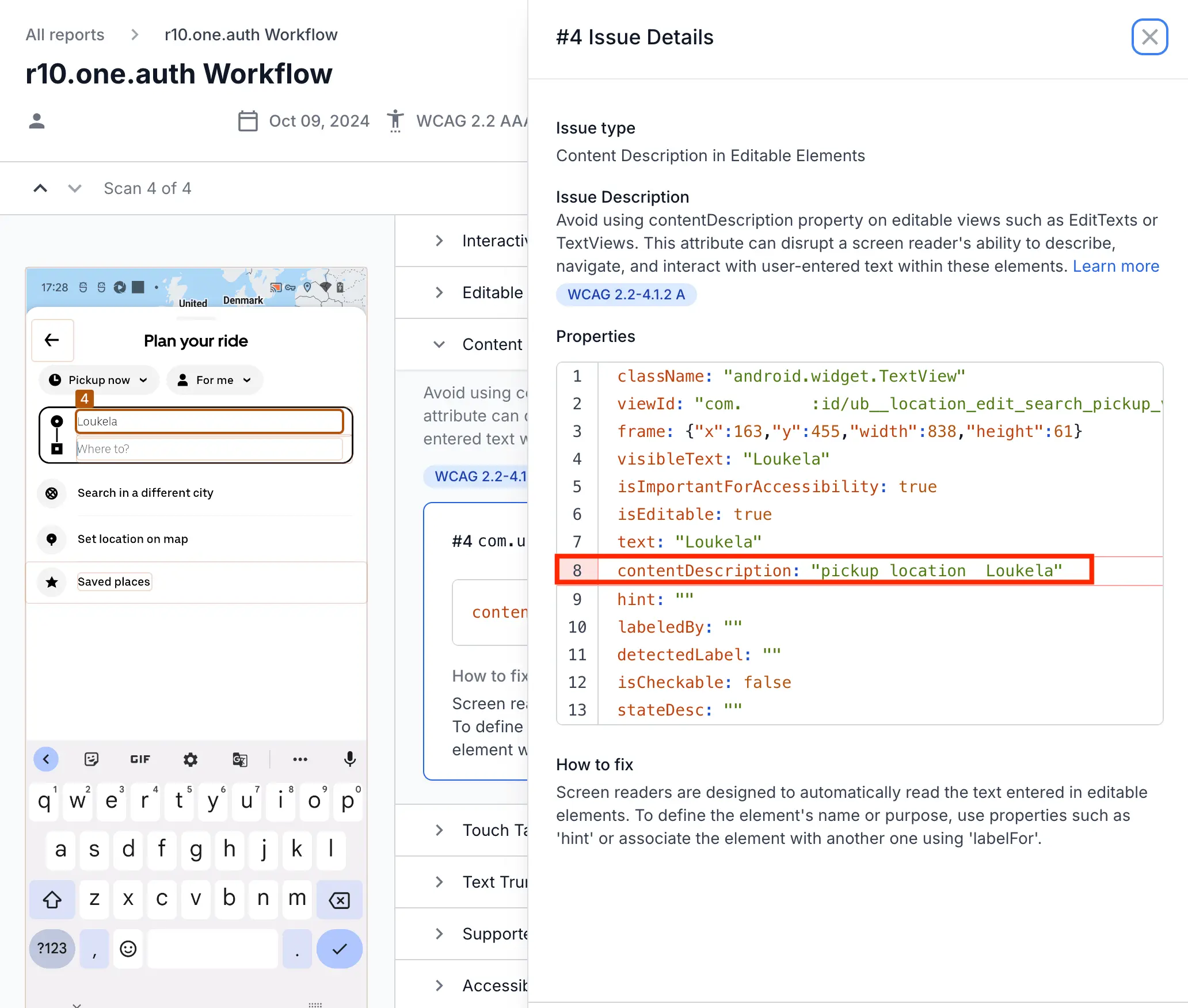 The App Accessibility issue details window with a "Content Description in editable elements" violation highlighted by a red box.
