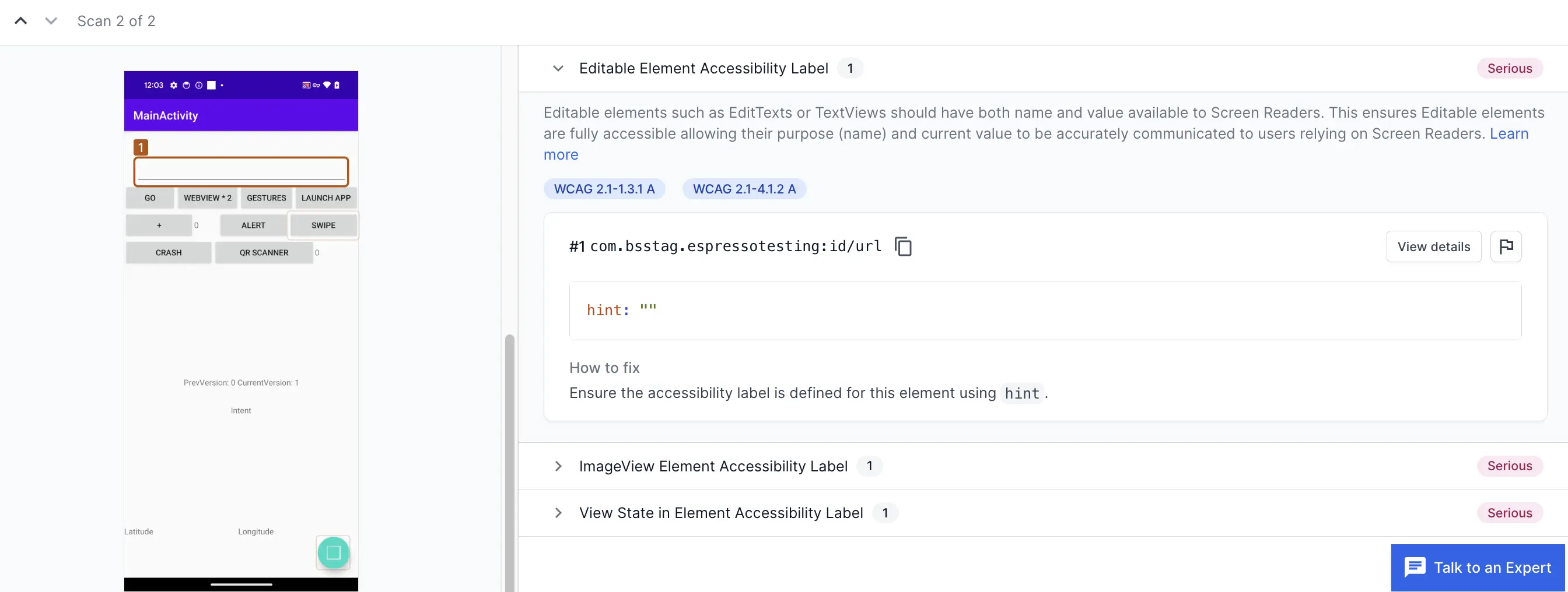 editable element Accessibility Label violation