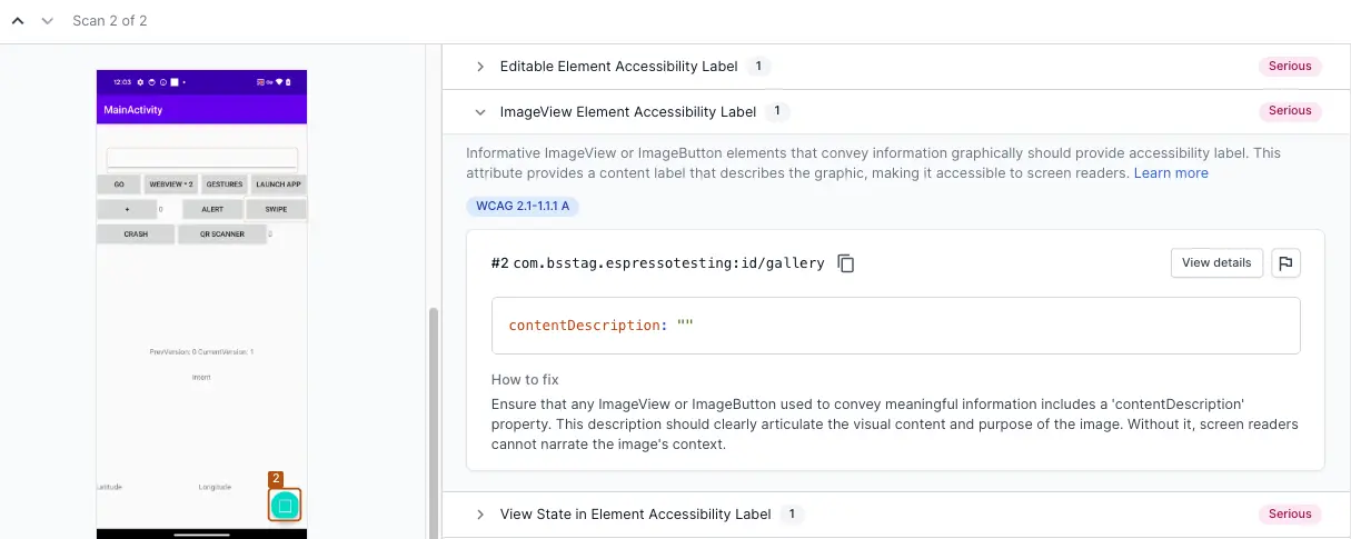 Imageview element accessibility label violation