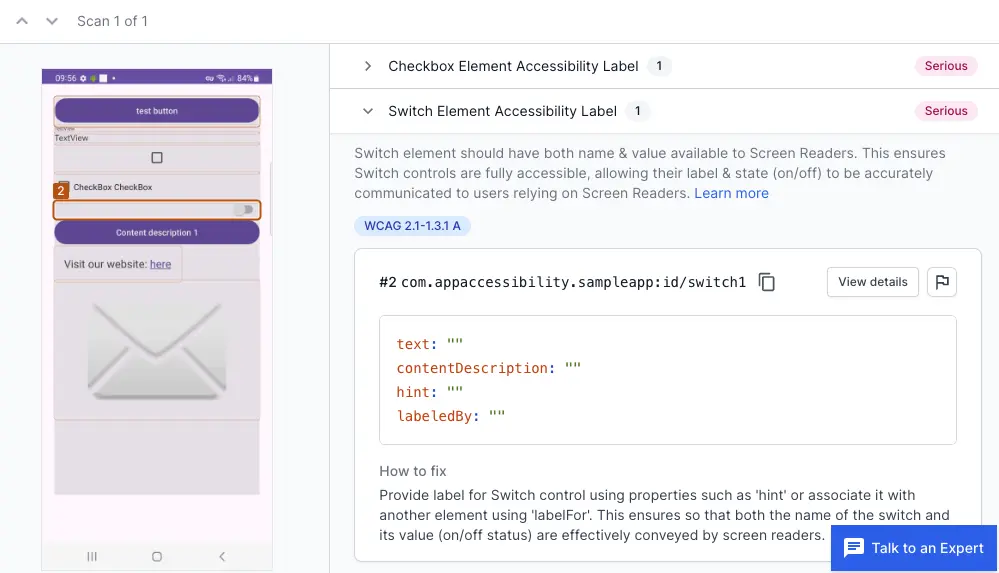 Switch element accessibility label violation