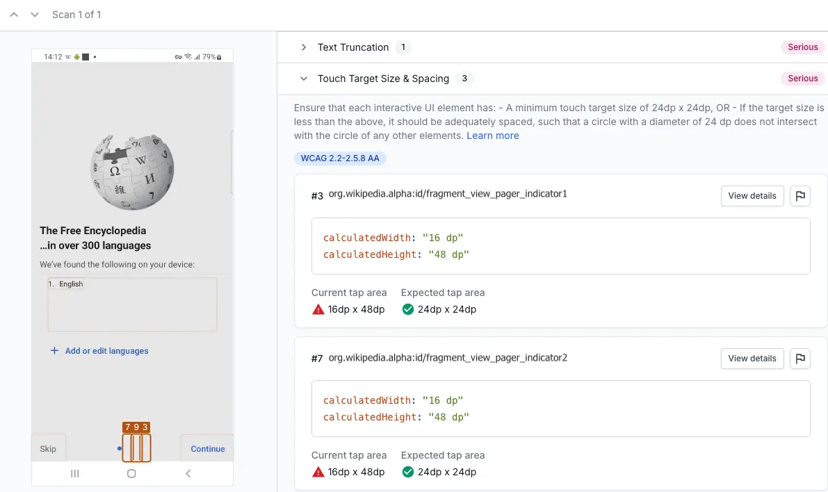 touch target size and spacing violation