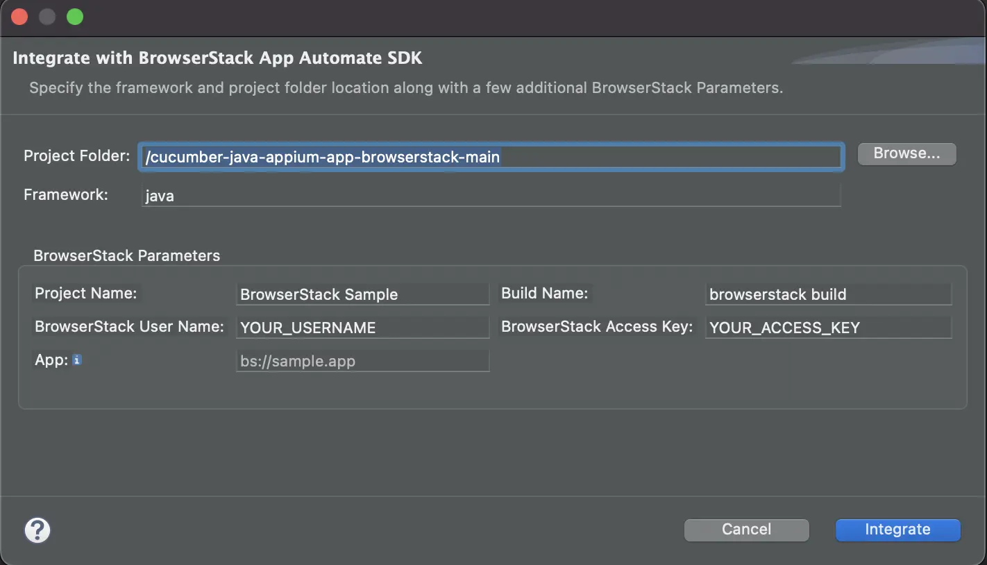 Screenshot showing the Integrate with BrowserStack SDK screen with parameters filled in