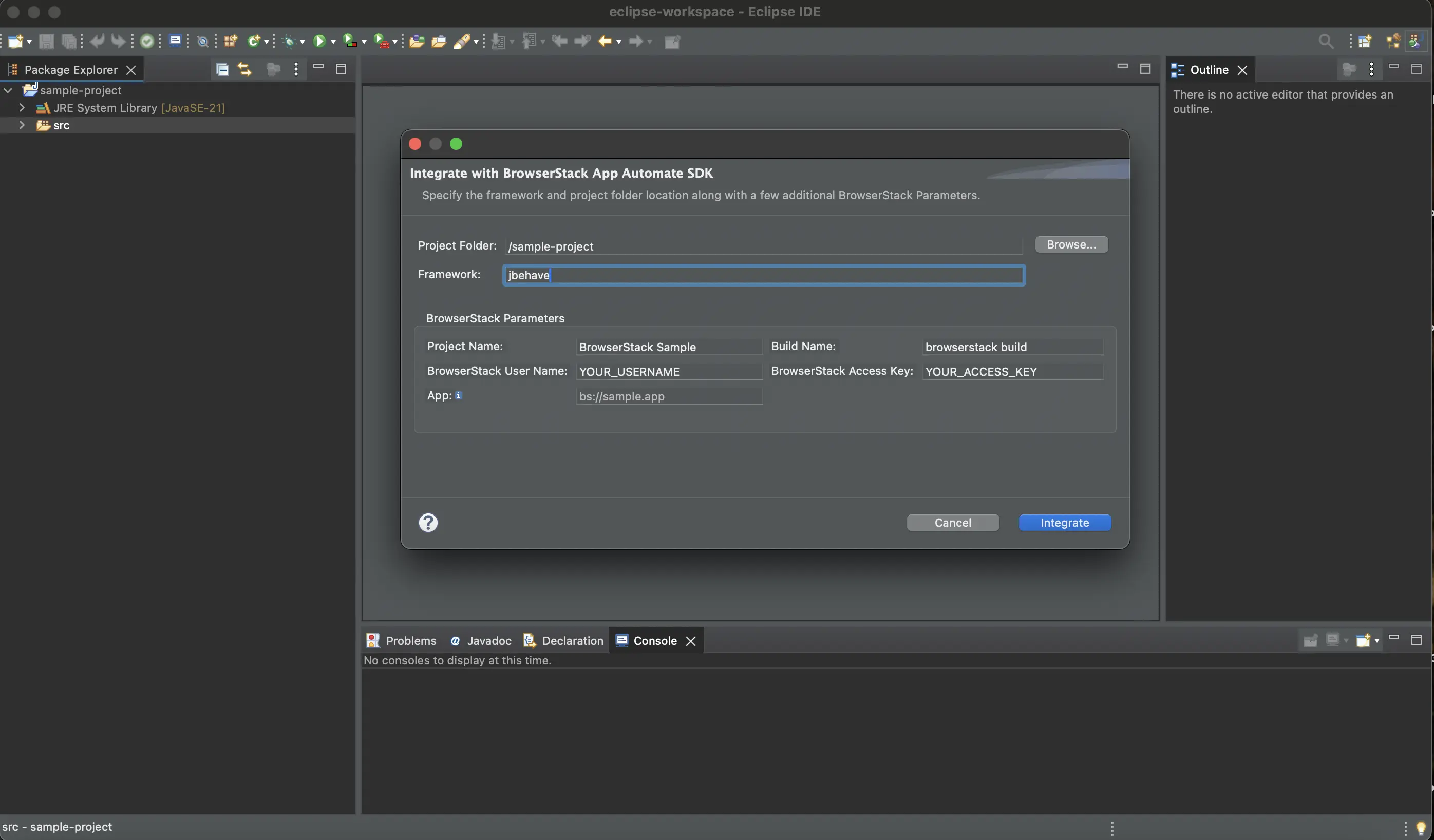 Screenshot showing the Integrate with BrowserStack SDK screen with parameters filled in