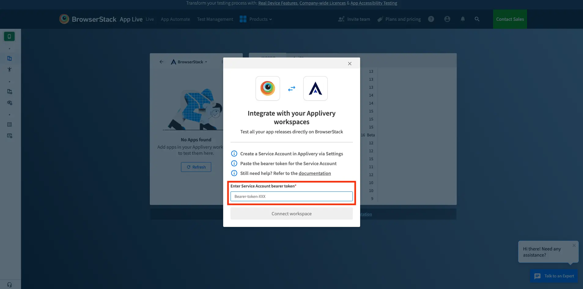 The Applivery integration prompt with the bearer token field highlighted by a red box.