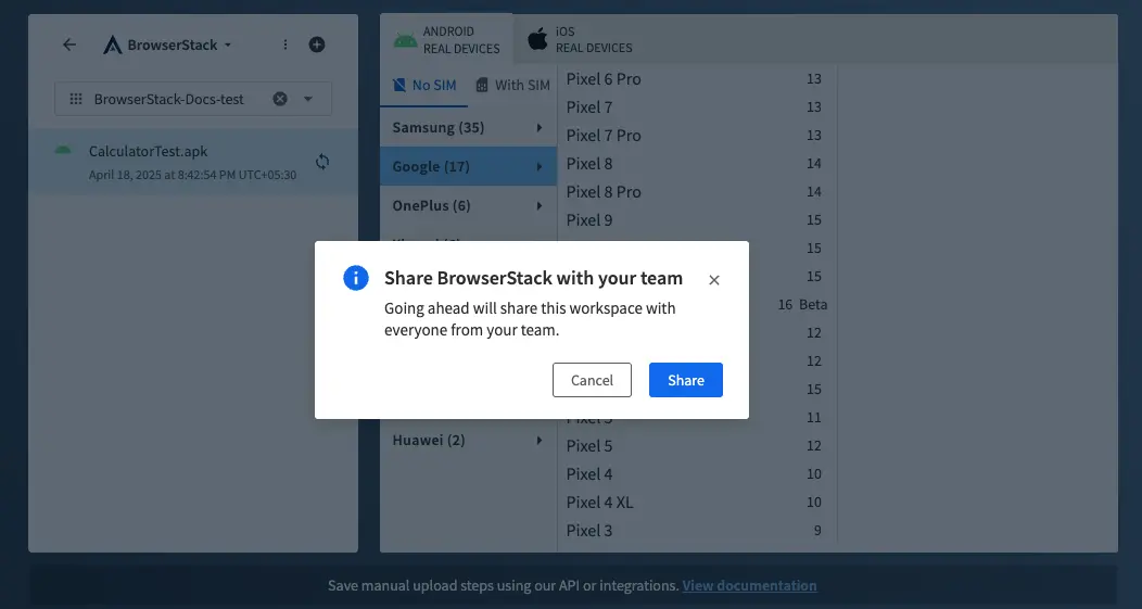 The Share project confirmation prompt.