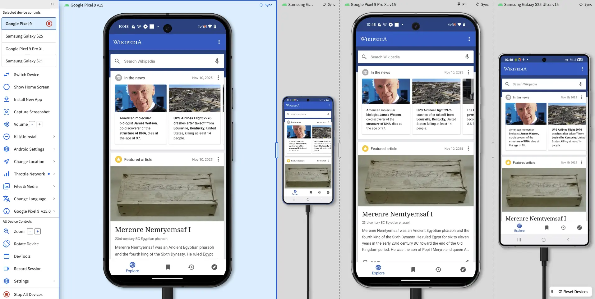 The dashboard with 4 devices open and resized to varying sizes.