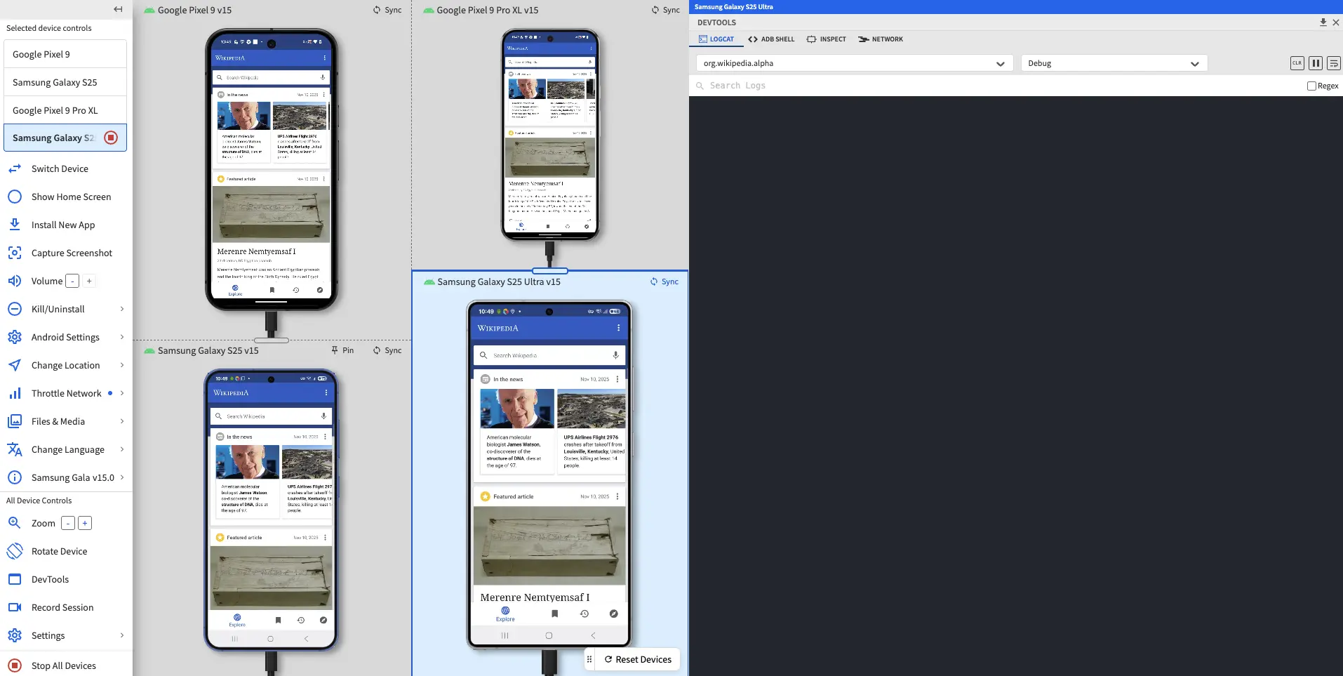 The dashboard with DevTools open and 4 devices arranged in a tiled layout of varying sizes.