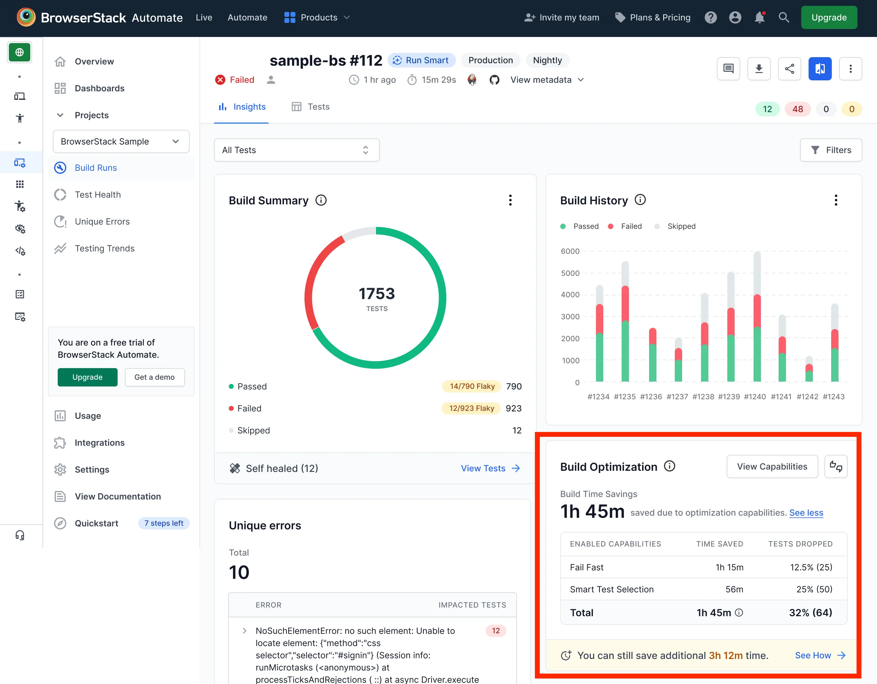 Test orchestration configuration modal showing active strategies and saved results