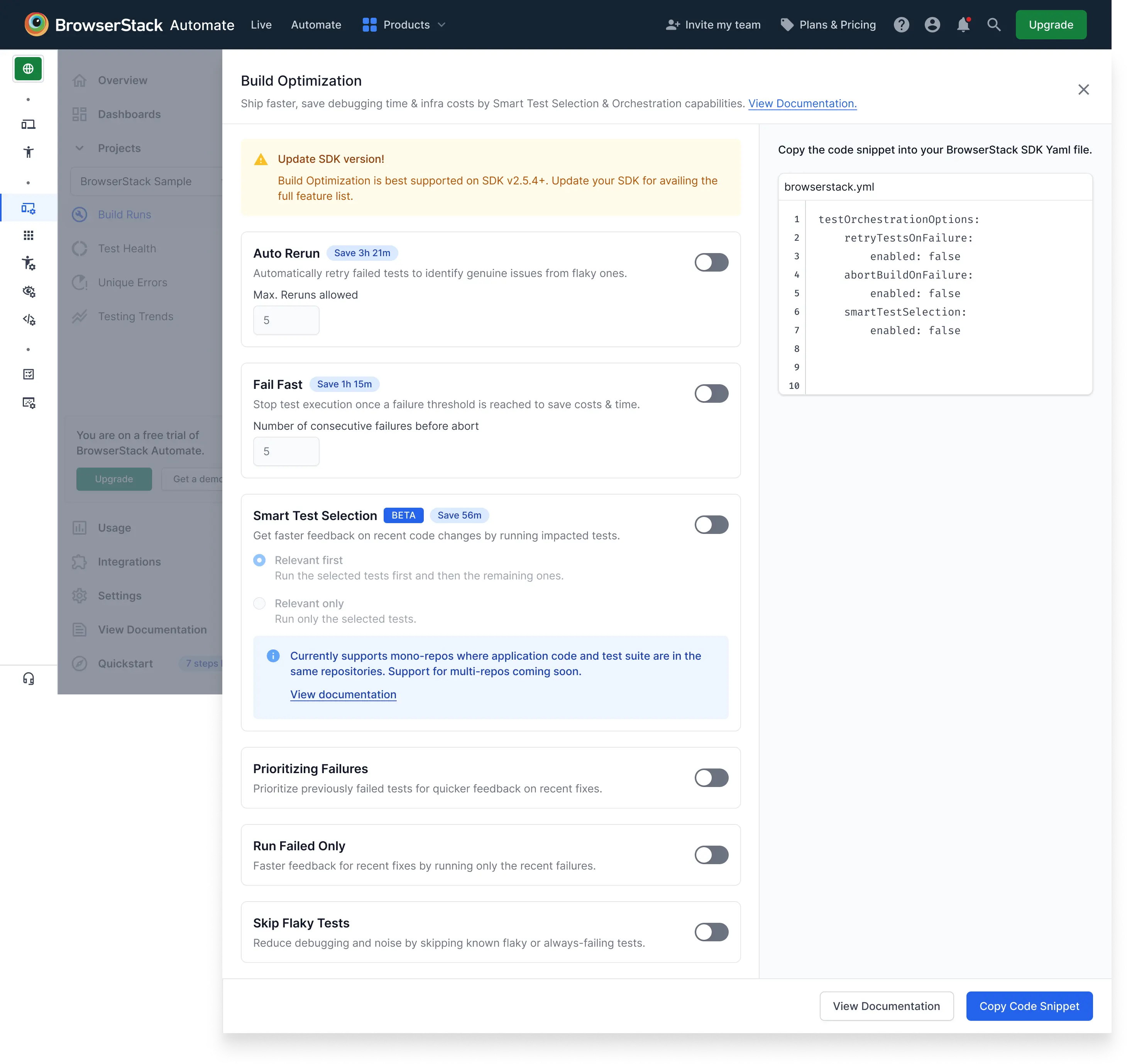 Configuration modal for test orchestration, with toggles for strategies like Auto Reruns and Fail Fast, and a ready-to-copy browserstack.yml code snippet.