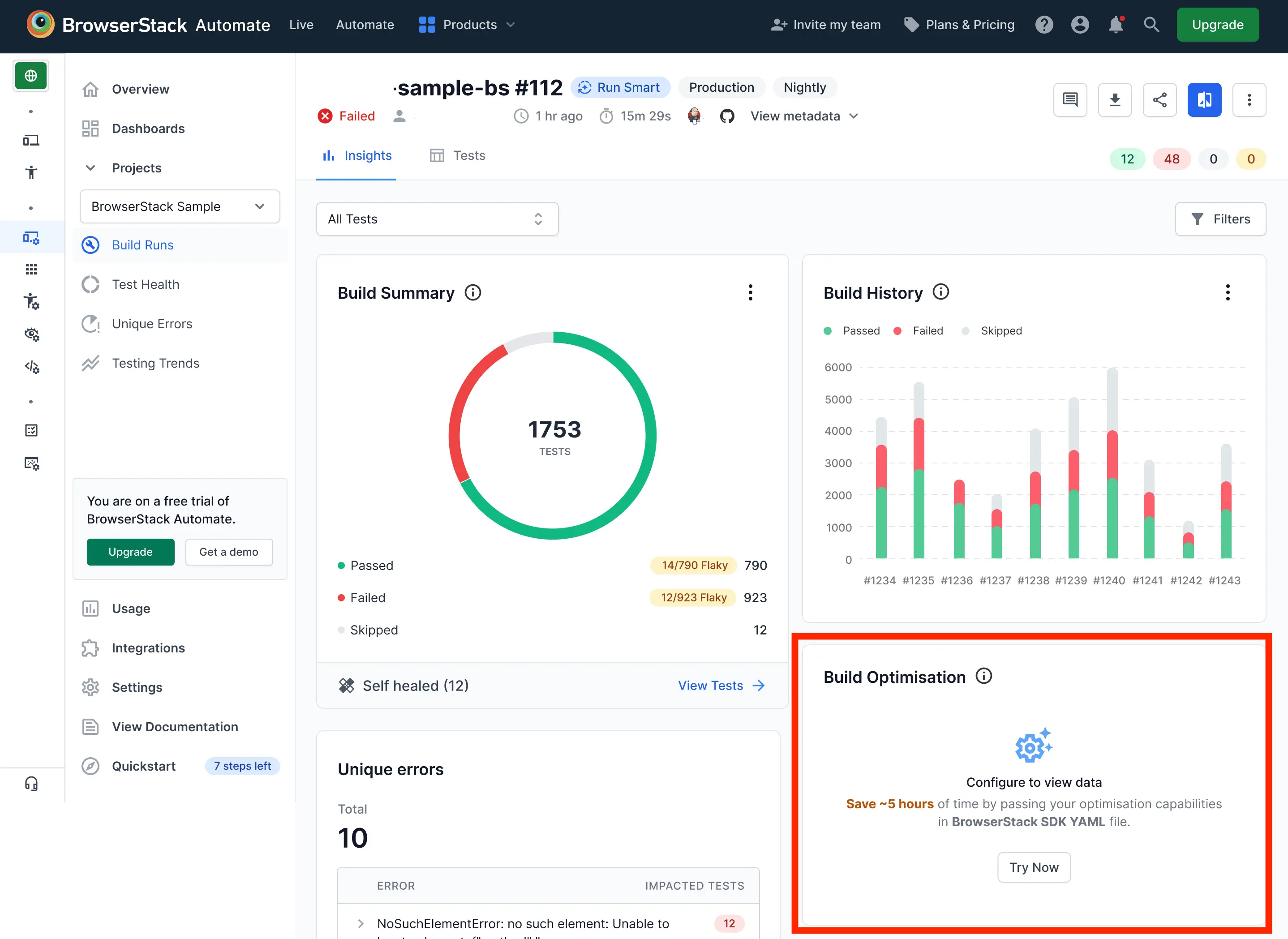 The Test Orchestration menu expanded on the BrowserStack Automation dashboard, showing options to configure strategies and view time saved.
