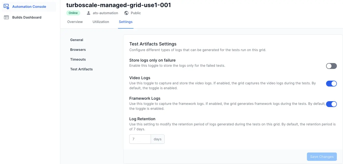 Configure test artifacts