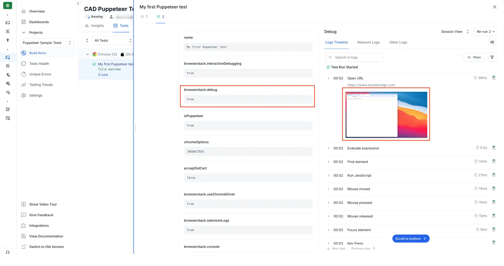 browserstack automate visual logs for puppeteer tests