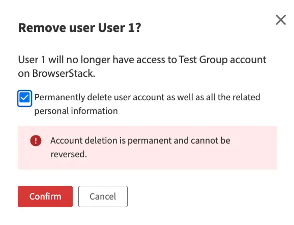 The Remove user confirmation pop-up with the permanently delete user account option selected