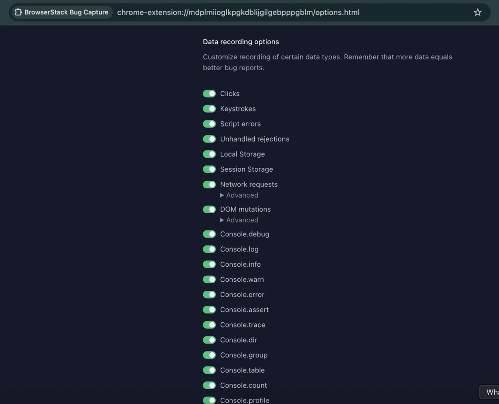 Define which types of logs to record