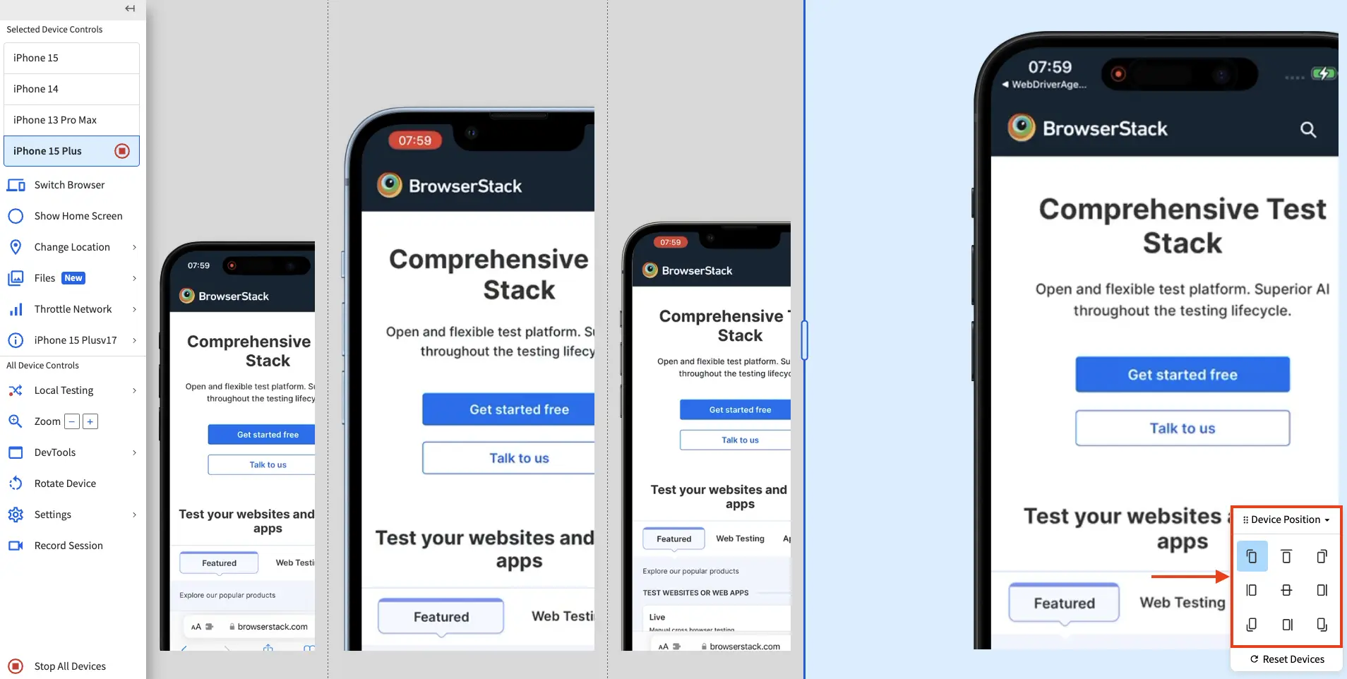 The dashboard with 4 devices zoomed in and the device position widget highlighted by a red box.