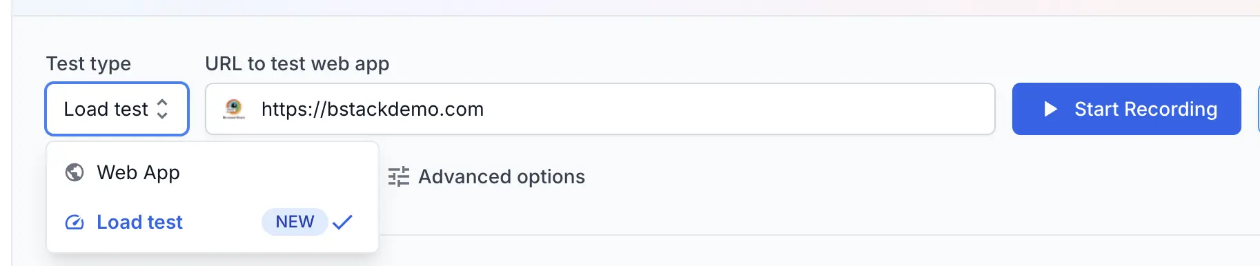Recording panel with the Test type dropdown set to Load test