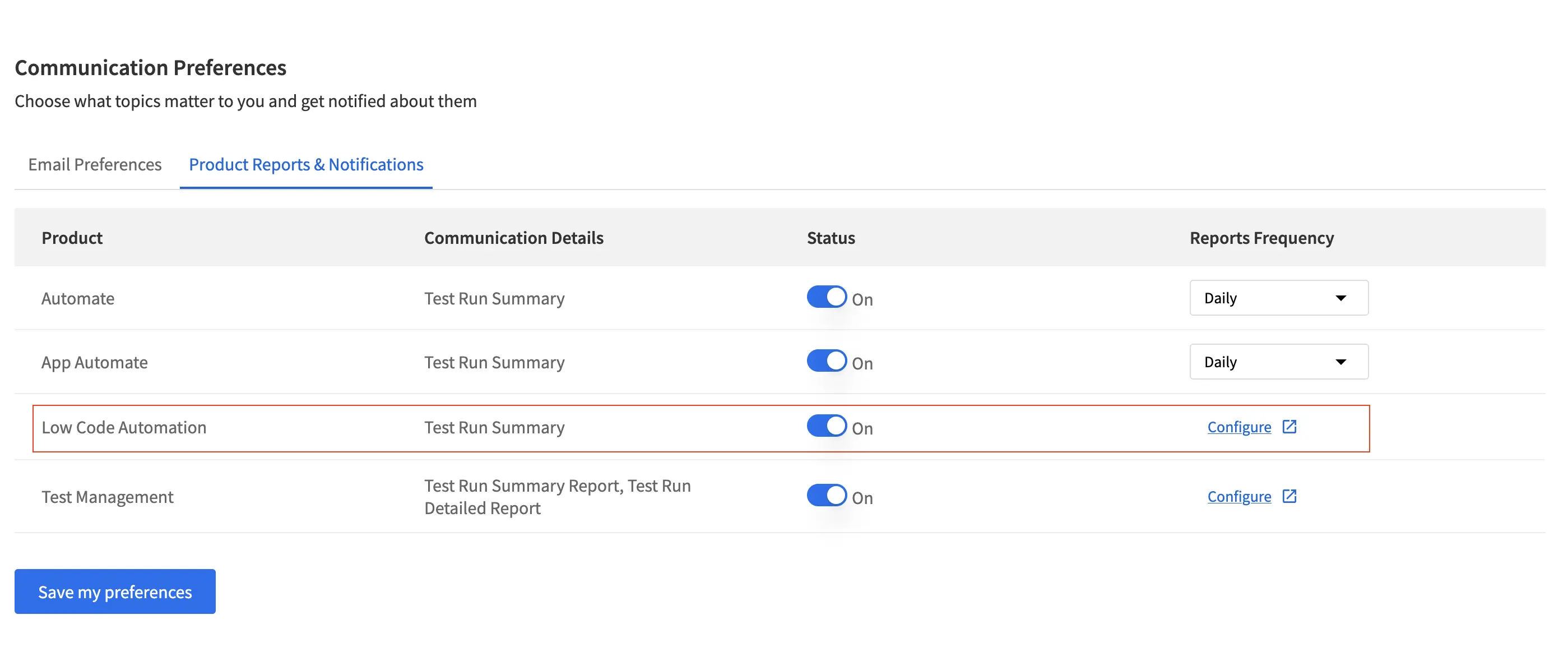 Save Reports Preferences