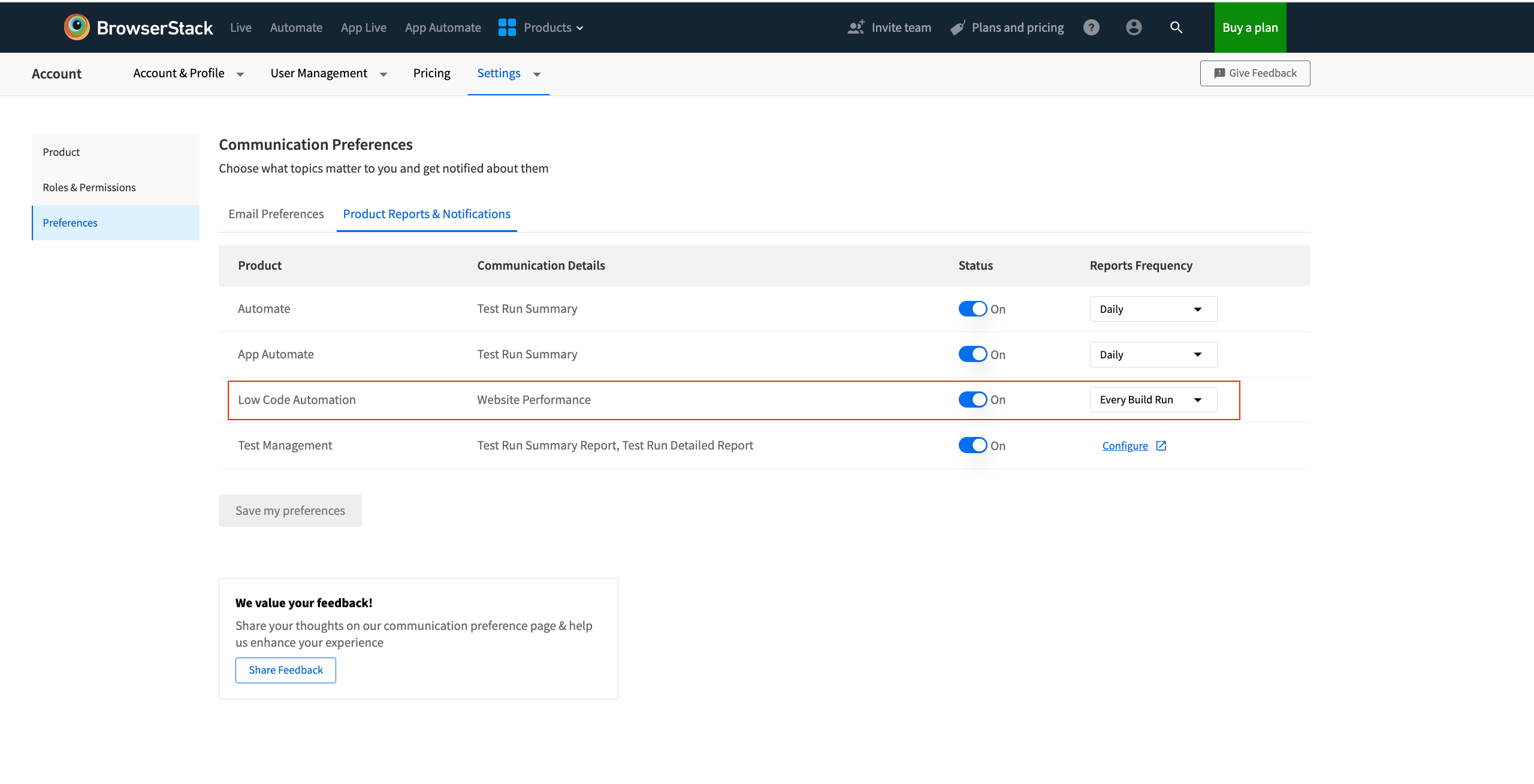 Save Reports Preferences