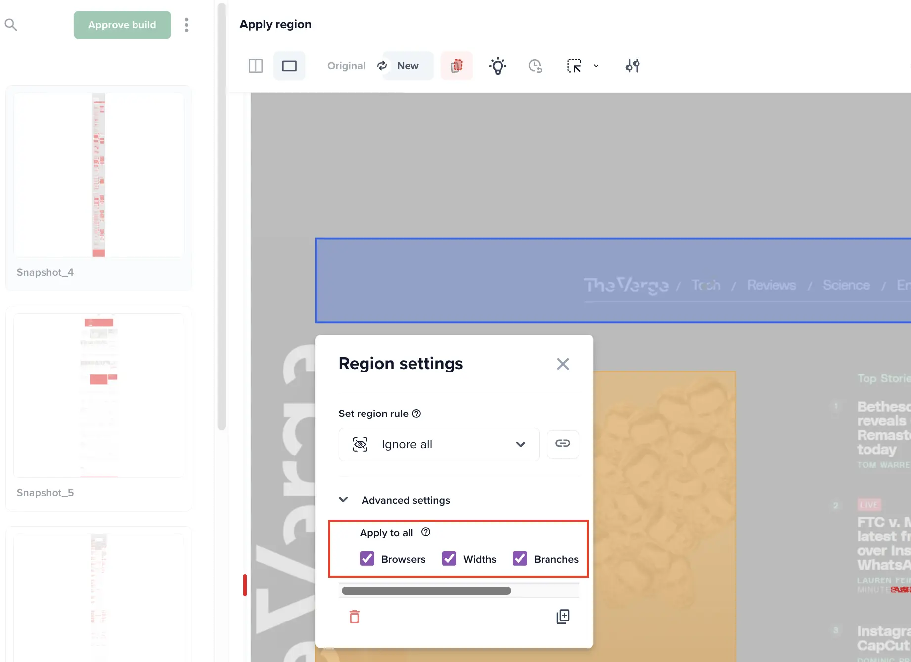 Apply to all option in Advanced settings