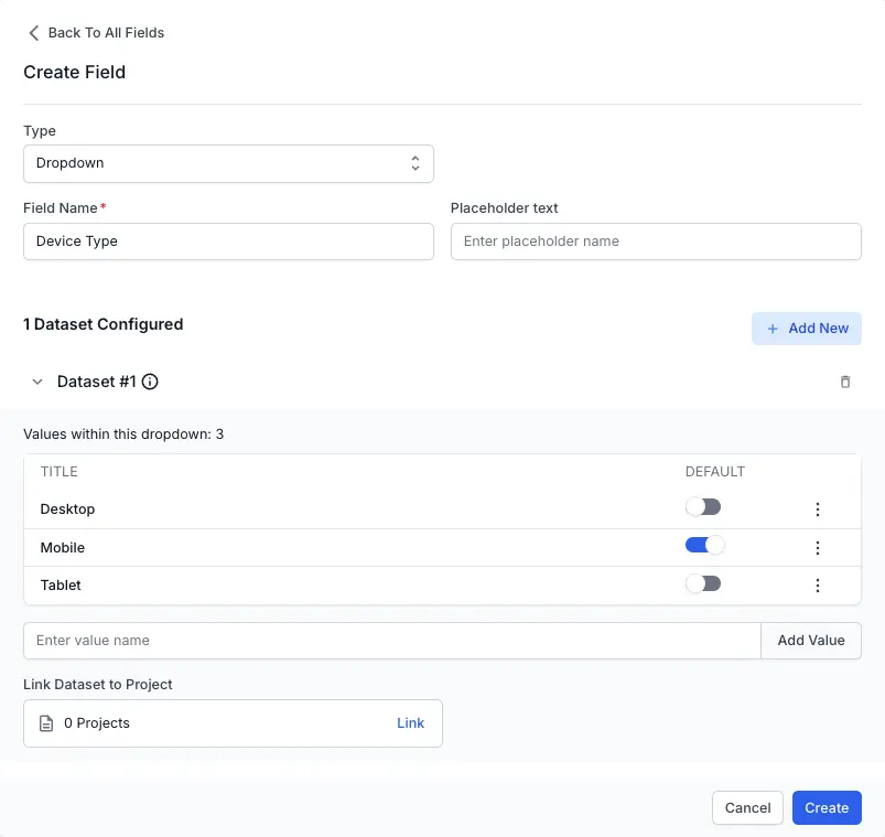 Enable the toggle to designate one dataset value as the default