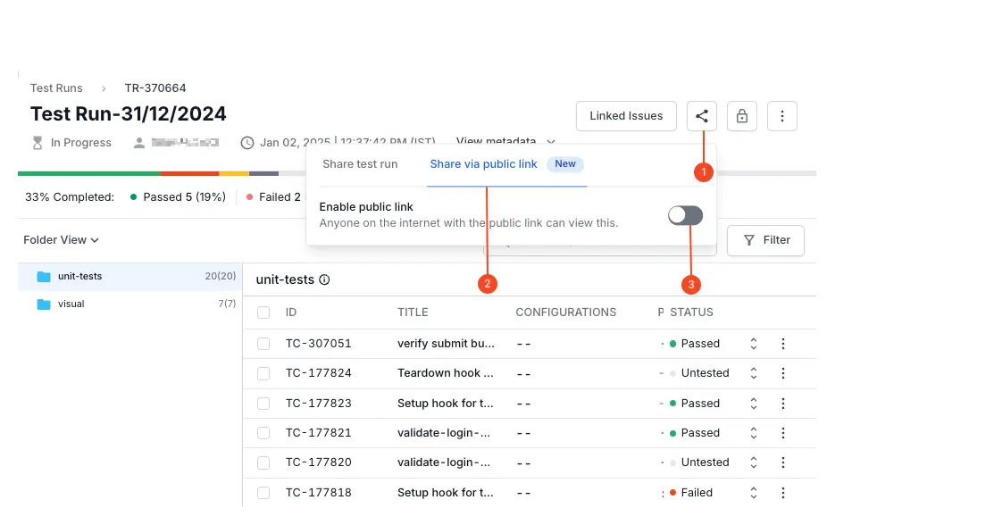 Click share icon on the test run dashboard