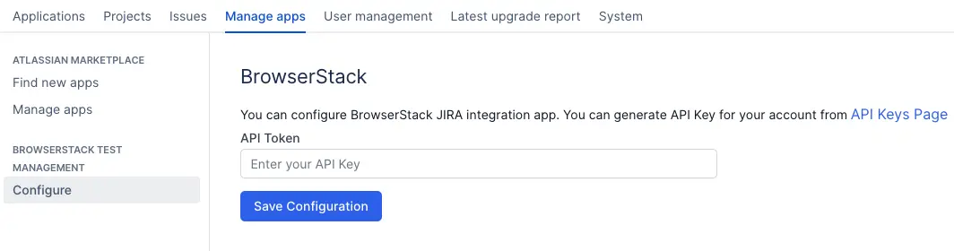 Enter the API Key obtained from your Test Management API Settings