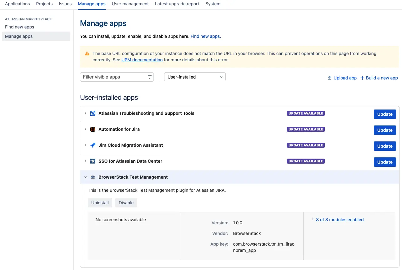 Locate BrowserStack Test Management under User-installed apps section