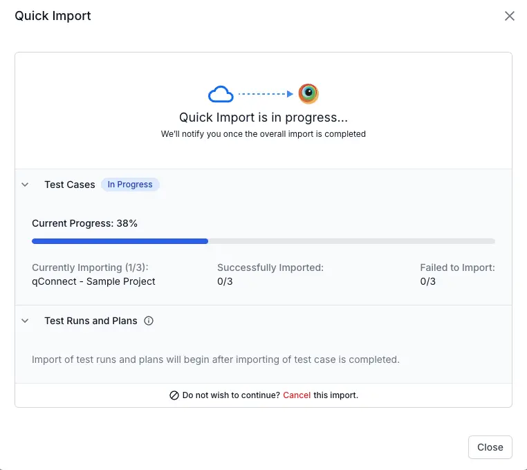 Screenshot showing the Cancel button highlighted in the qTest Quick Import progress window