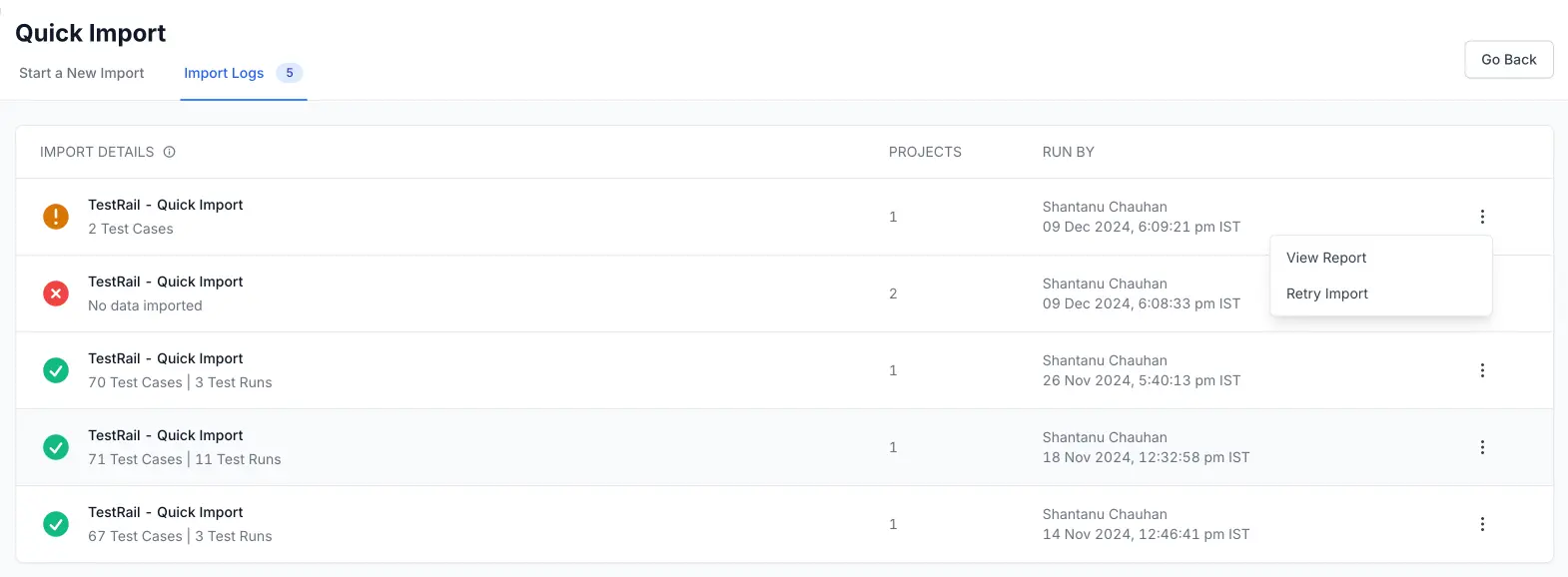 You are viewing a centralized import log that shows ongoing and completed imports, including errors and failures