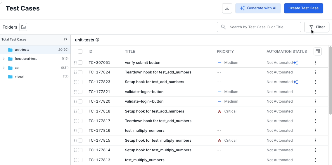 Select test case folders under the Folder filter