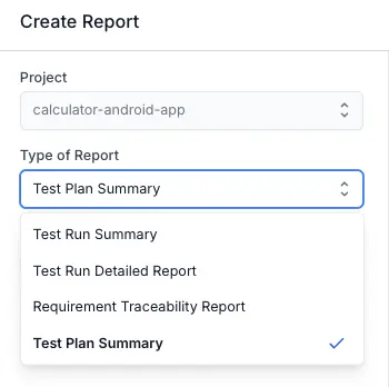 In the Type of Report field, select Test Plan Summary from the dropdown menu