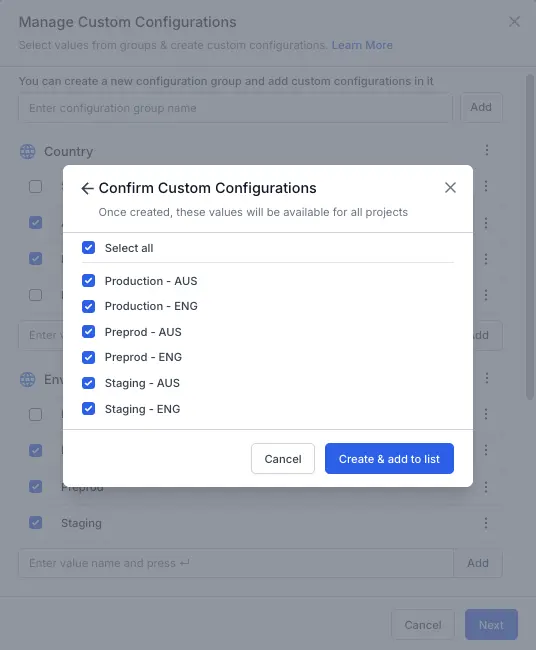 You can create a custom configuration by entering the name and clicking Add 'custom-configuration' as a new option