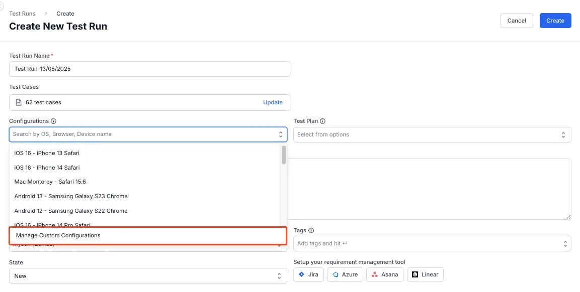 In the Configurations field, select Manage Custom Configurations