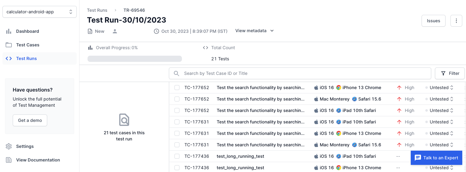 Click FIlter Test Cases in Test Run