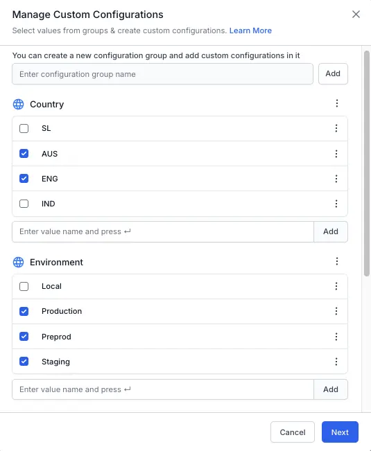 Select all desired configurations by clicking the checkboxes