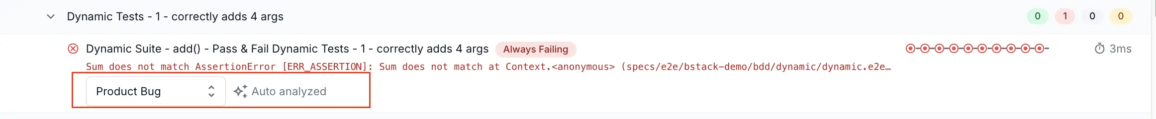 A tag named product bug assigned to a test. Auto failure analysis written against a test