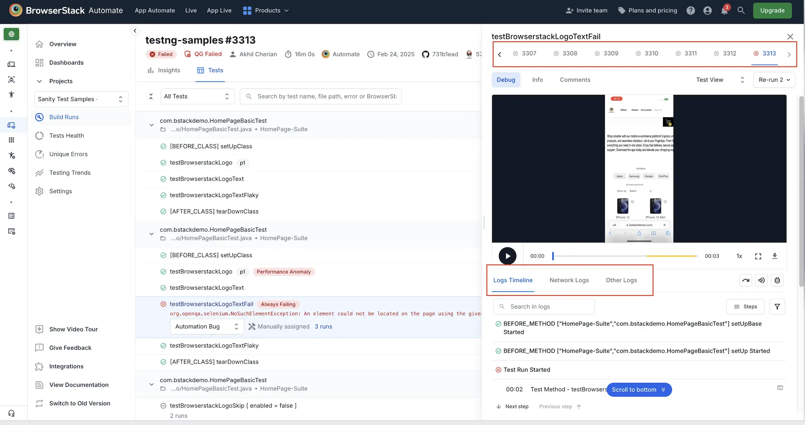 Network logs and console logs are highlighted. Also, different runs of the same tests are highlighted in a test run